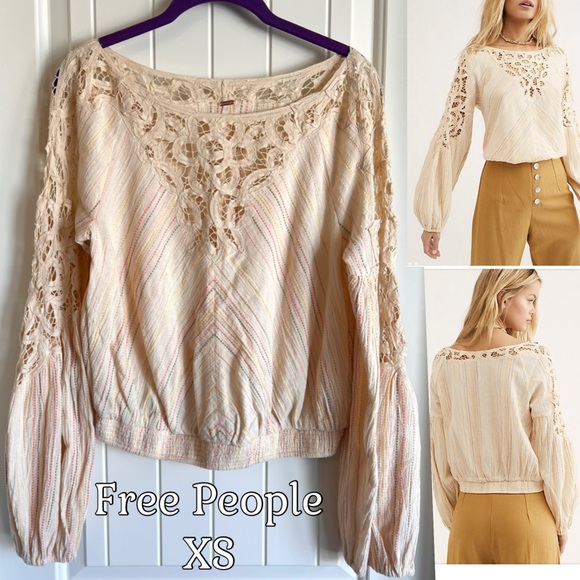 Free People Tops - Free People Cream Lace & Striped Detail Peasant Top, XS